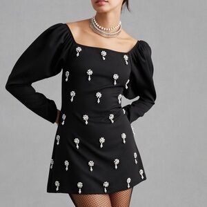 Anthropologie | Elegant Black Mini Dress with Floral Embellishments